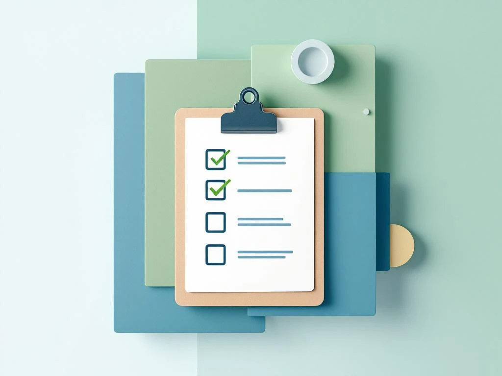 Minimalistische geometrische compositie met clipboard iconen, energienetwerk lijnen in blauw en groen tinten