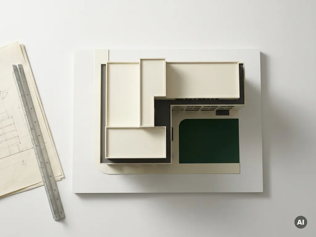 Architectuurmaquette van commercieel gebouw met liniaal en gevouwen document op wit oppervlak, bovenaanzicht.