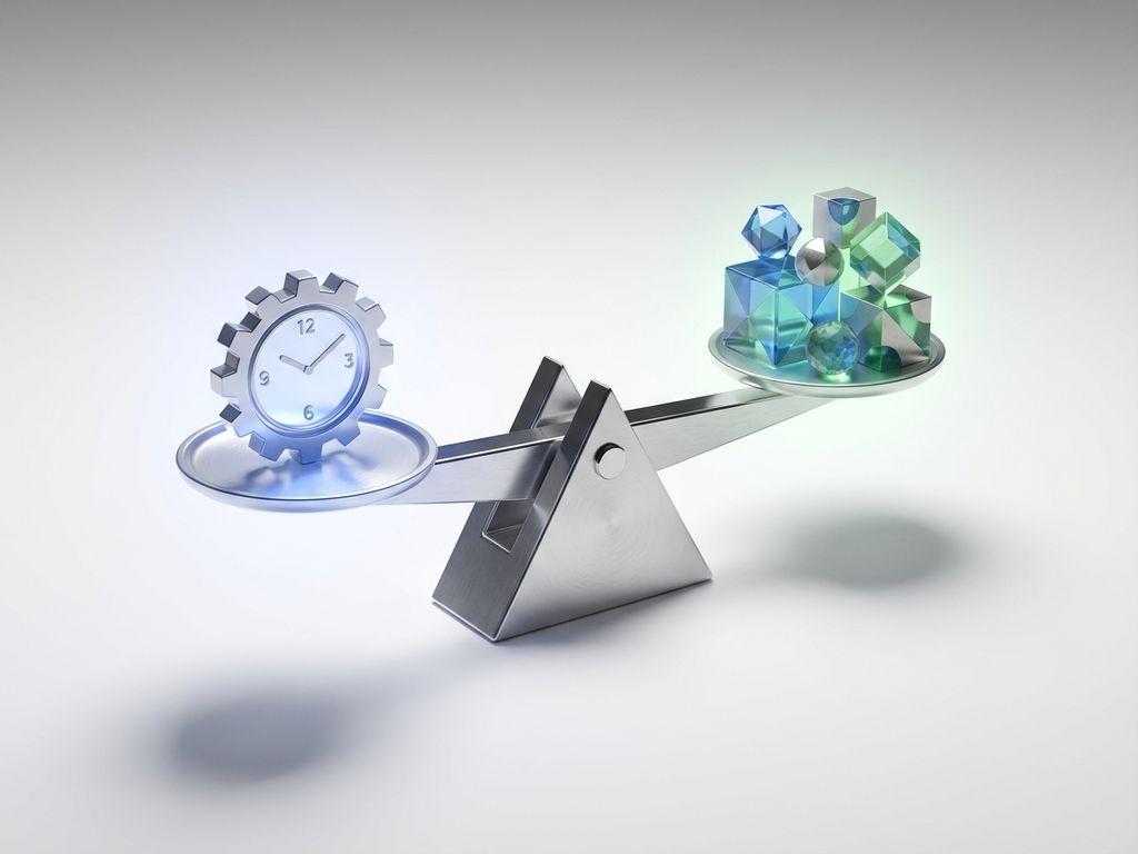 Minimalistische weegschaal met kloksymbool en energie-iconen in blauw en groen, symboliseert financiële besluitvorming