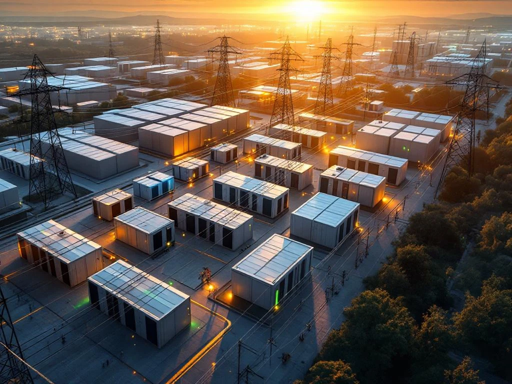 Luchtfoto van moderne elektrische infrastructuur met grote batterijopslagsystemen langs hoogspanningslijnen bij zonsondergang