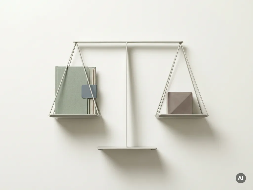 Balansweegschaal met ordner en gebouwblok, symbool voor afweging tussen intern beheer en outsourcing, minimalistische bovenaanzicht.