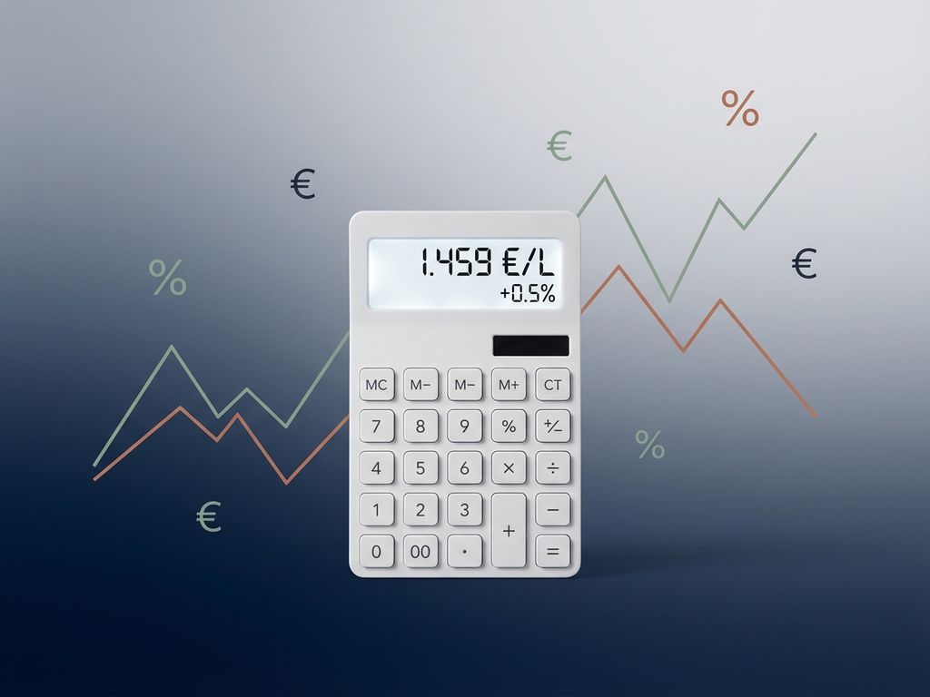 Witte calculator toont gasprijs cijfers omringd door lijngrafieken met euro symbolen en percentage iconen op blauwe achtergrond