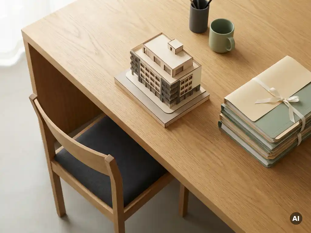 Bovenaanzicht van een houten bureau met een lege stoel, geordende mappen en een architectuurmaquette van een kantoorgebouw.