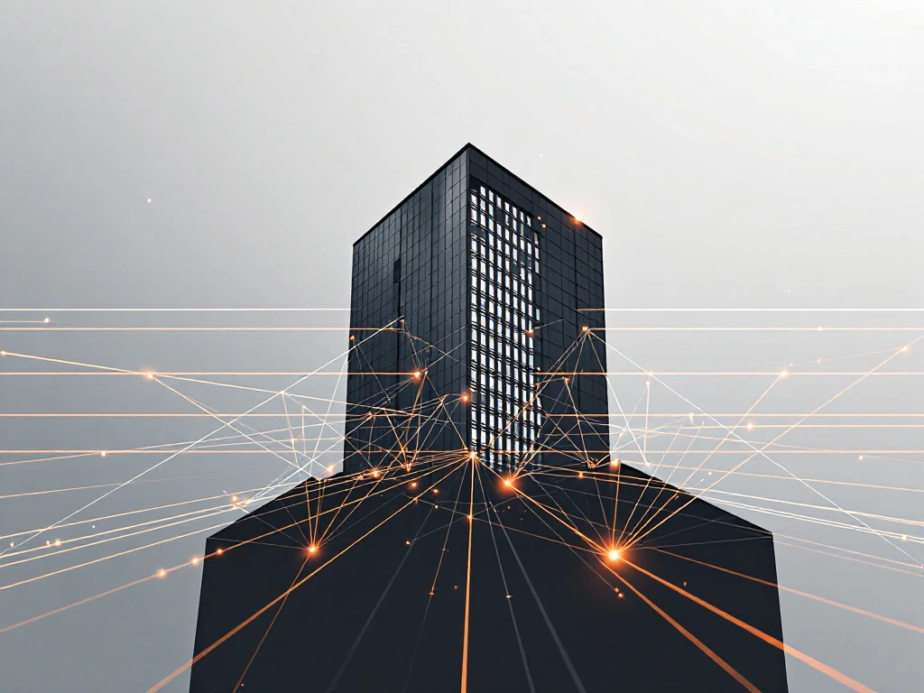 Modern kantoorgebouw met geometrische stroomnet lijnen en oranje energieknooppunten op witte achtergrond