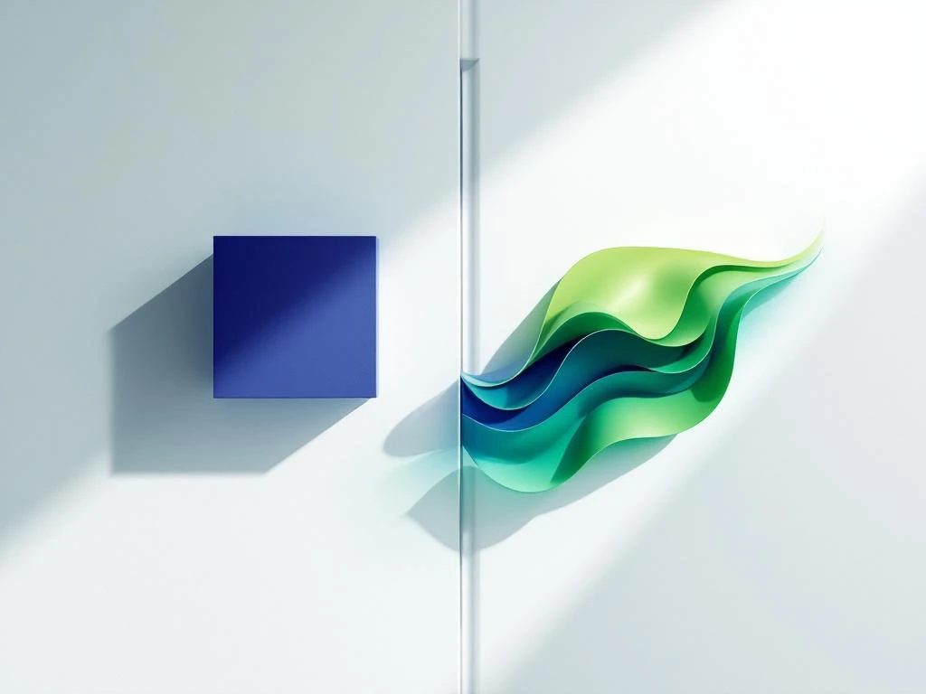 Geometrische compositie met blauwe rechthoek voor vaste contracten en groene golfvormen voor dynamische energie, gescheiden door diagonale lijn