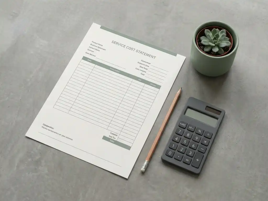Dienstenkostenopgave op betonnen bureau met potlood, rekenmachine en vetplant in minimalistische flatlay.