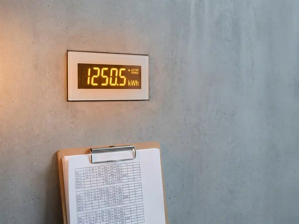 Digitale energiemeter op betonnen muur van commercieel gebouw met gloeiend display en kostenoverzicht op klembord eronder.