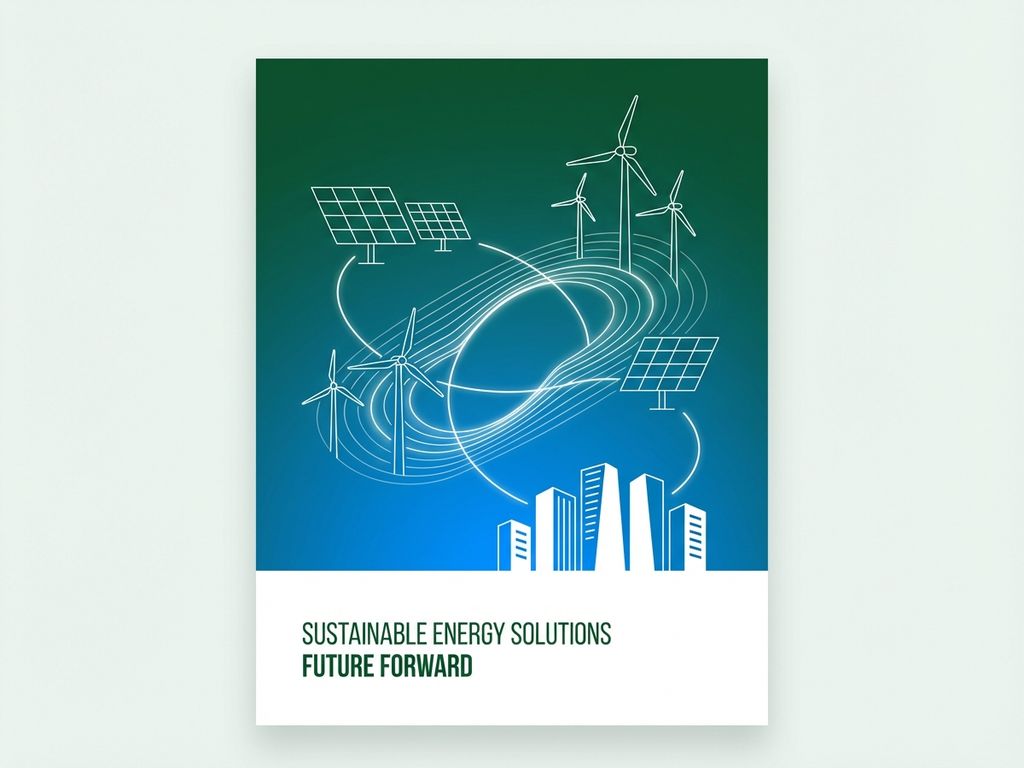 Geometrische zonnepanelen en windturbines in lijntekening met energiestromen en kantoorgebouwen op groenblauw verloop