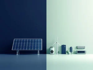 Zonnepanelen en duurzame energie-iconen in gesplitste compositie met windturbines, batterijopslag en warmtepompen