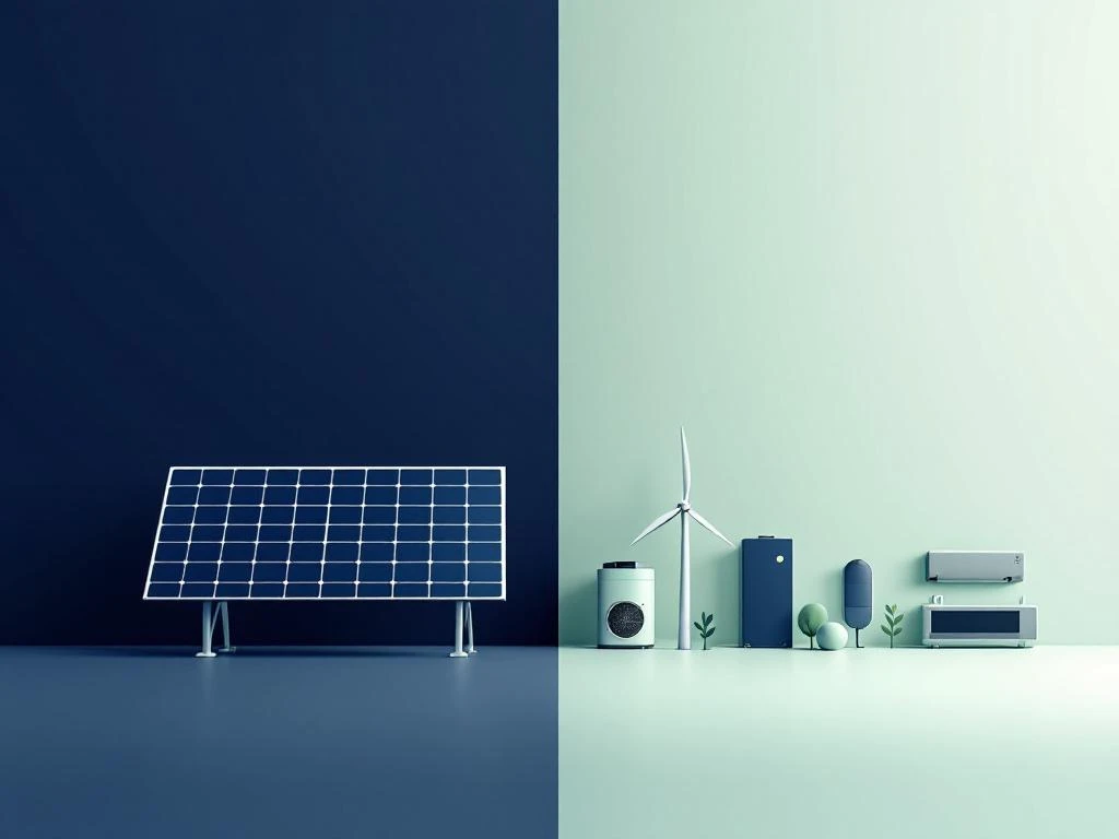 Zonnepanelen en duurzame energie-iconen in gesplitste compositie met windturbines, batterijopslag en warmtepompen