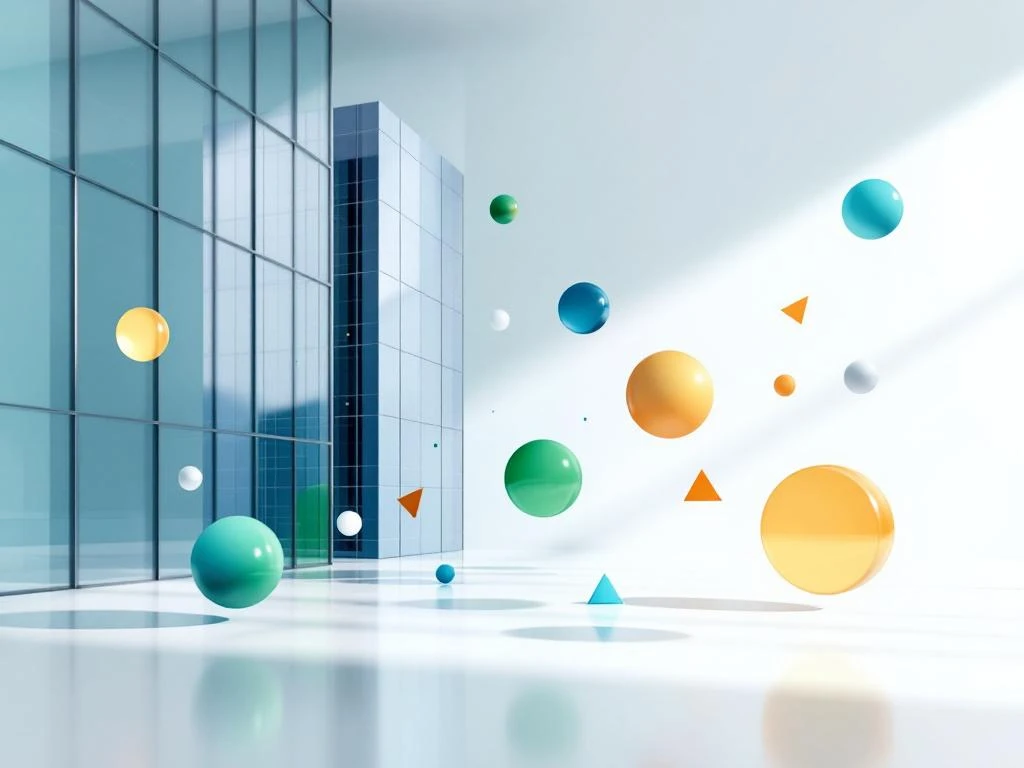 Modern glazen kantoorgebouw met zwevende geometrische vormen in blauw, groen en amber die energieprijsfluctuaties symboliseren