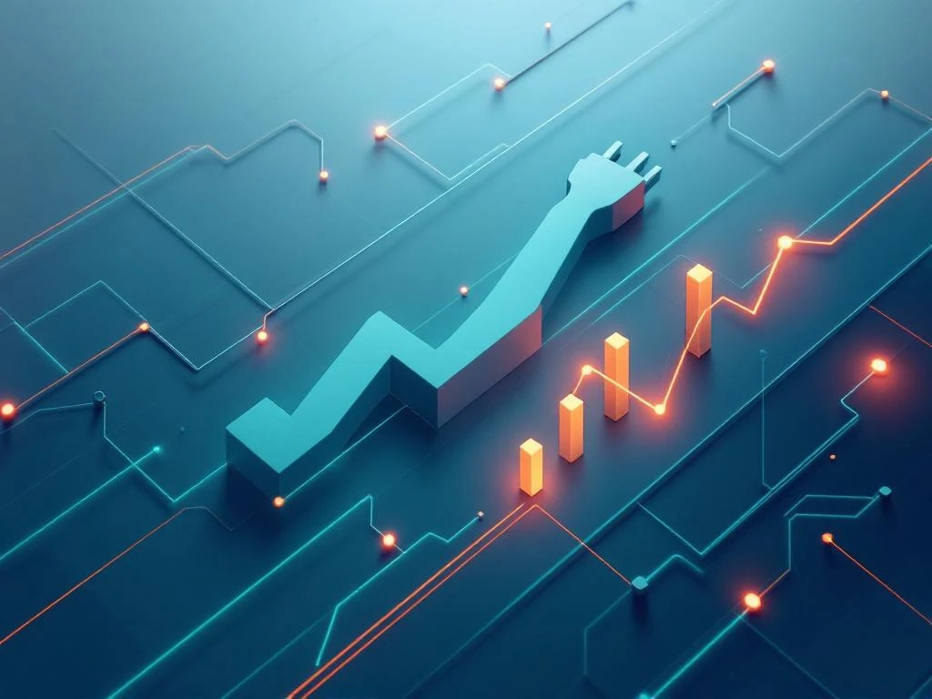 Netwerkdiagram met geometrische rasterlijnen in blauw en groen, gloeiende oranje knooppunten en elektrische stekker icoon