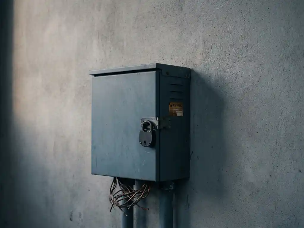 Elektrische meterkast op betonnen muur met hangslot en verwarde koperen bedrading, zakelijke installatie.