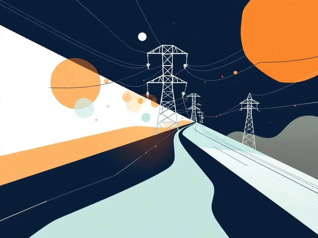 Elektrisch netwerkdiagram met geometrische lijnen, energiestromen en verkeerslicht-indicatoren in marineblauw en wit