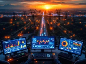 Luchtfoto van elektriciteitsgrid bij zonsondergang met controletoren die netwerkcongestiedata toont op gloeiende monitoren