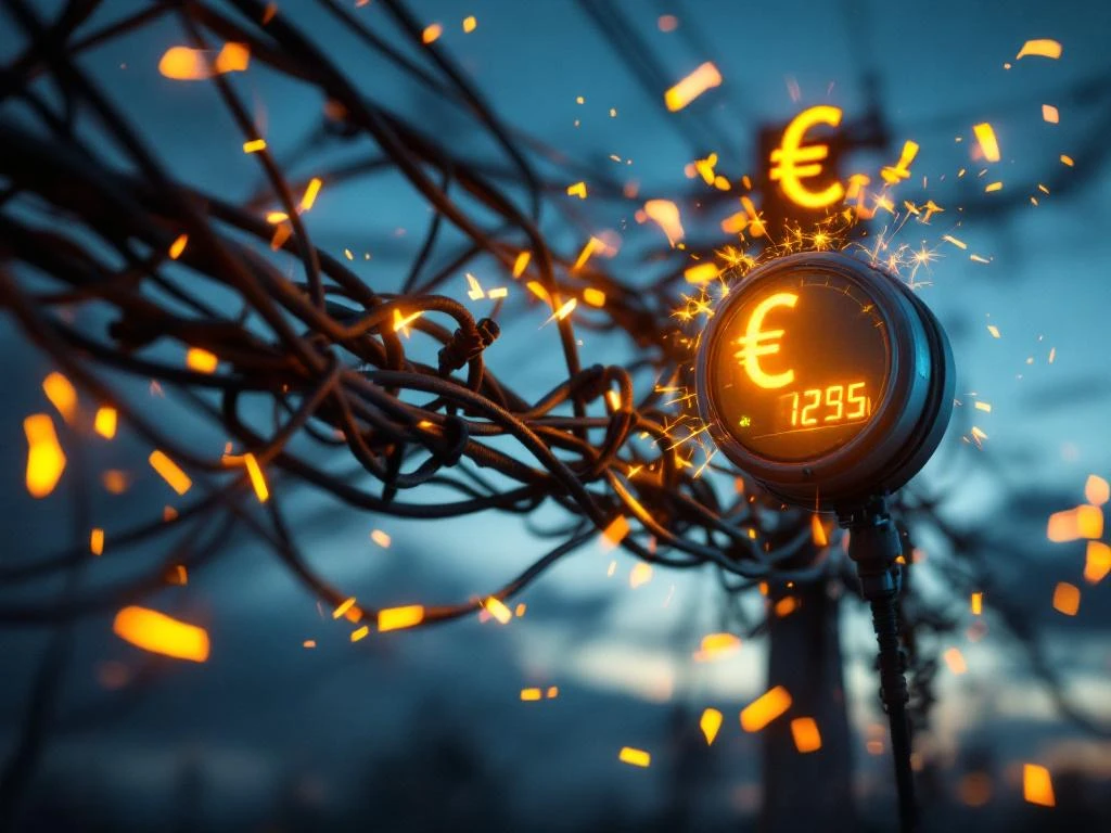 Overbelaste elektriciteitsleidingen met vonken boven digitale energiemeter met stijgende kosten in euro's