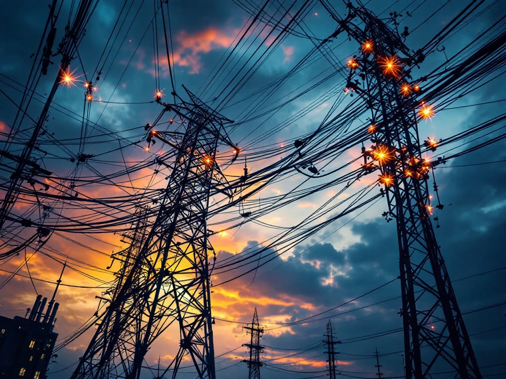 Verwarde elektriciteitsleidingen boven modern kantoorgebouw met verlichte ramen tegen dramatische hemel