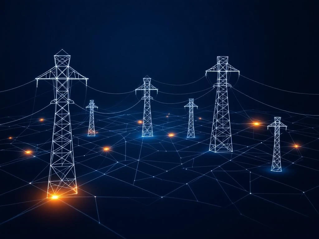 Elektrisch netwerkschema met witte lijnen op donkerblauwe achtergrond, oranje knelpunten tonen netwerkcongestie