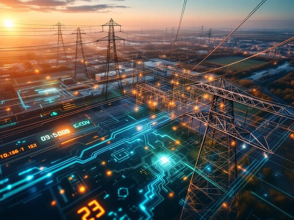 Luchtfoto van hoogspanningslijnen en onderstations in Nederlands landschap met digitaal controlepaneel tijdens gouden uur