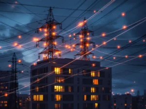 Modern kantoorgebouw van bovenaf met elektriciteitskabels en transmissielijnen in web-patroon tegen avondlucht
