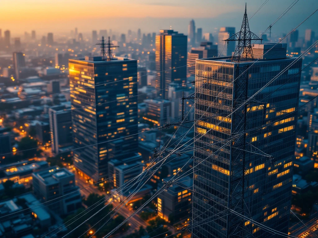 Luchtfoto van moderne kantoorwijk met stroommasten en elektriciteitskabels, sommige gebouwen zonder stroom tijdens gouden uur
