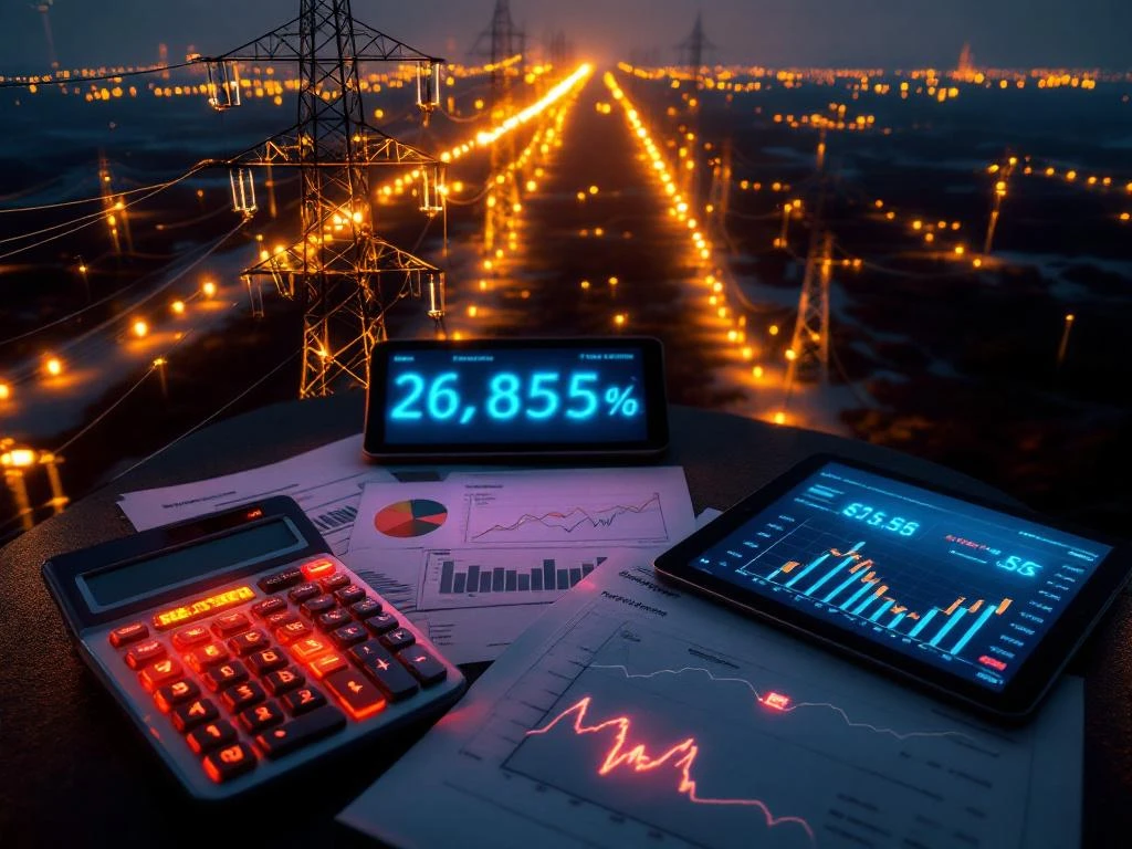 Elektrisch netwerk met gloeiende hoogspanningslijnen, calculator met financiële cijfers en stijgende energiekosten grafieken
