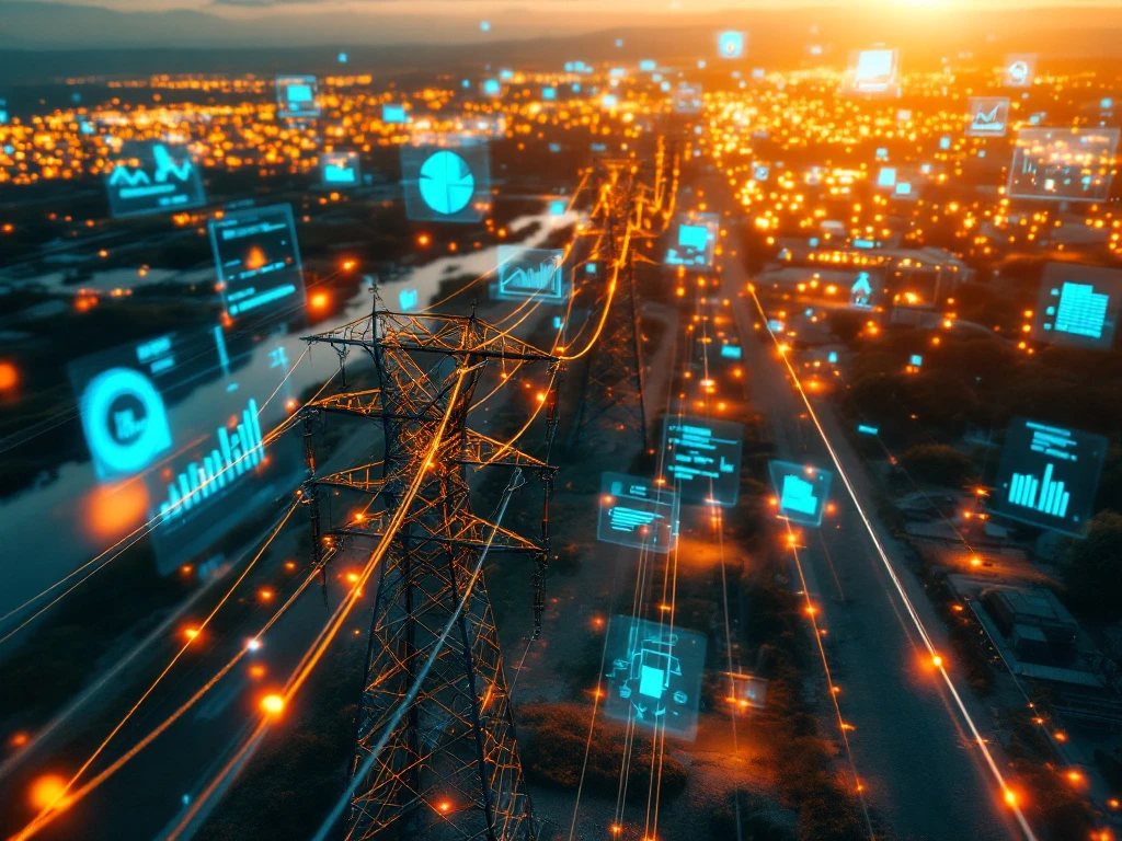 Luchtfoto van hoogspanningsnet met digitale data-overlays die netwerkprestaties en efficiëntiemetingen tonen