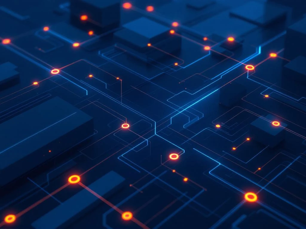Gestileerd elektriciteitsnetwerk met geometrische lijnen in marineblauw en oranje, omringd door abstracte kantoorgebouwen