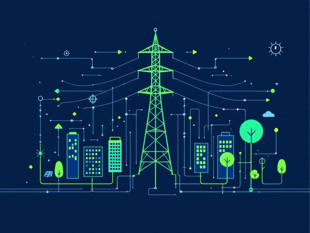 Elektrisch transmissienetwerk met geometrische lijnen in blauw en groen, verbonden kantoorgebouwen en energie-iconen