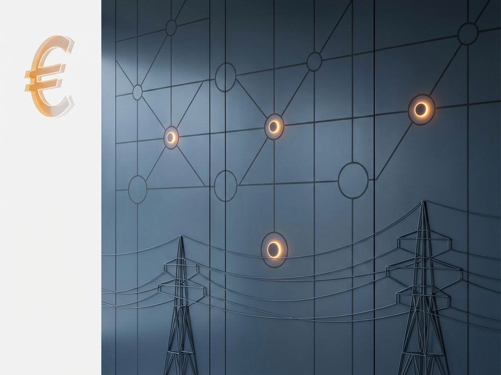 Geometrisch elektriciteitsnetwerk met gloeiende verbindingspunten en euro-symbool op blauwe achtergrond