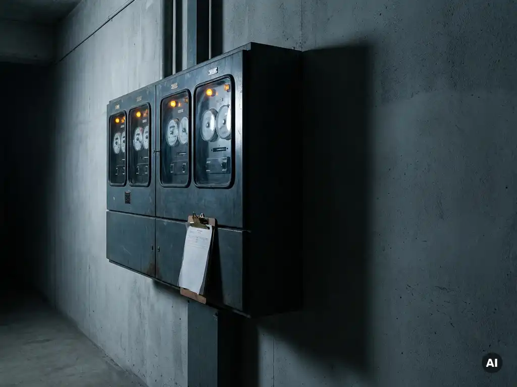 Elektriciteitsmeter met snel draaiende wijzerplaten op betonnen muur in industriële gang, klembord suggereert energieaudit.