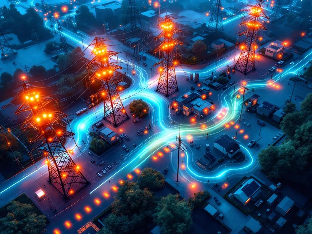 Elektrisch netwerk van bovenaf met oranje congestiepunten en blauwe energiebesparende oplossingen die het netwerk ontlasten