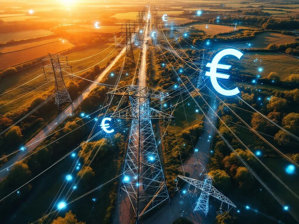 Luchtfoto van hoogspanningslijnen in Nederlands landschap met digitale financiële data-overlays en Euro-symbolen