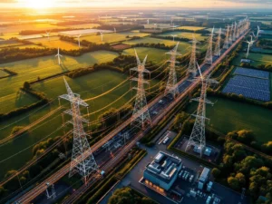 Luchtfoto van Nederlands elektriciteitsnet met hoogspanningsmasten, windmolens en zonnepanelen in groen landschap