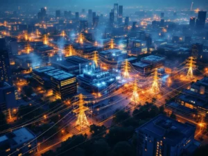 Luchtfoto van overbelast elektriciteitsnet met vonken bij transformatorstation omringd door verlichte gebouwen bij schemering