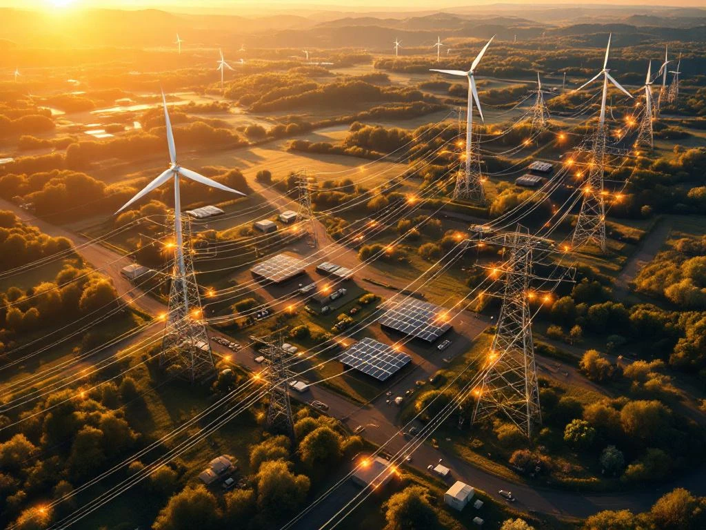 Luchtfoto van modern elektriciteitsnet met zonnepanelen, windturbines en hoogspanningslijnen in zonnig landschap