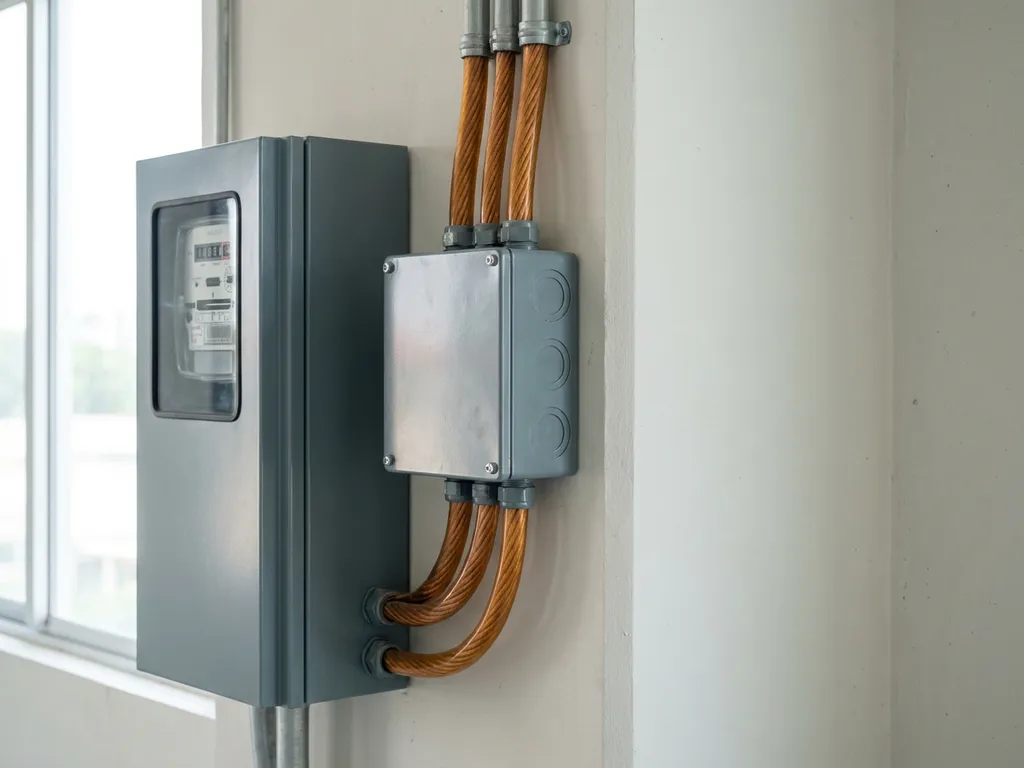Industriële elektrische verdeelkast op betonnen muur met dikke koperen kabels aangesloten op een commercieel meterpaneel.