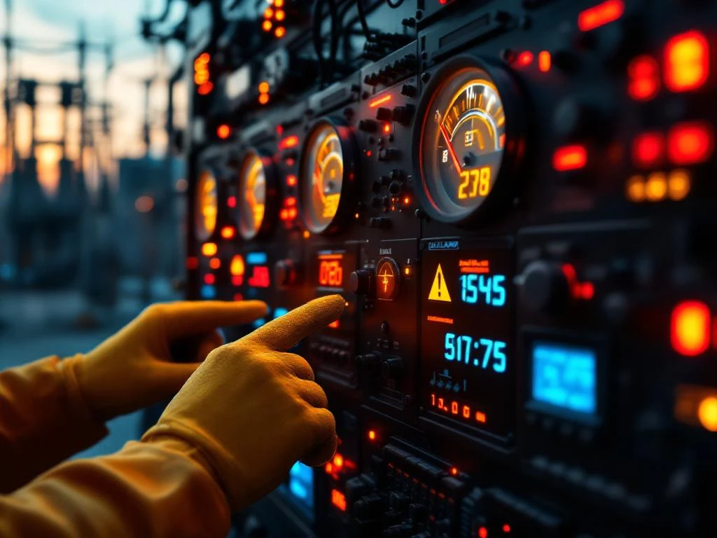 Elektrische bedieningspaneel met rode waarschuwingslampjes en handen in veiligheidshandschoenen die overbelasting tonen