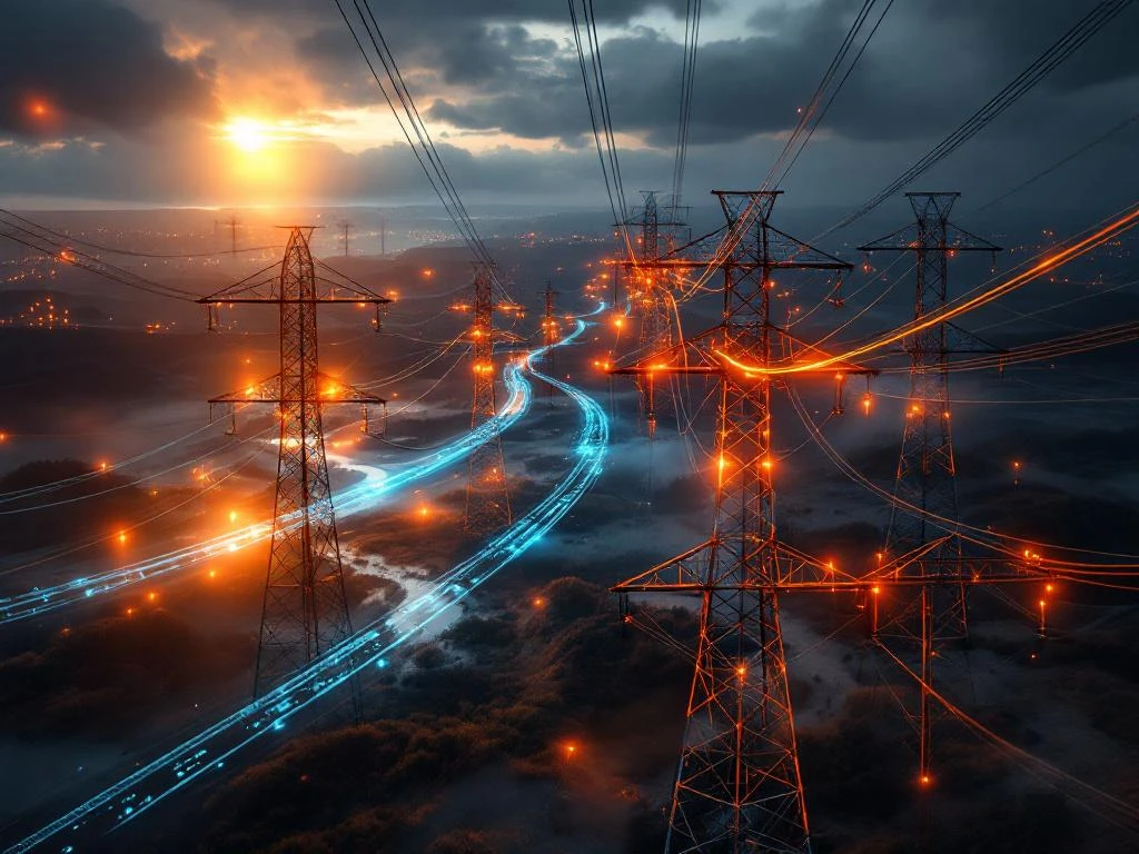 Luchtfoto van elektriciteitsnet met hoogspanningsmasten en oranje waarschuwingsindicatoren bij congestiepunten