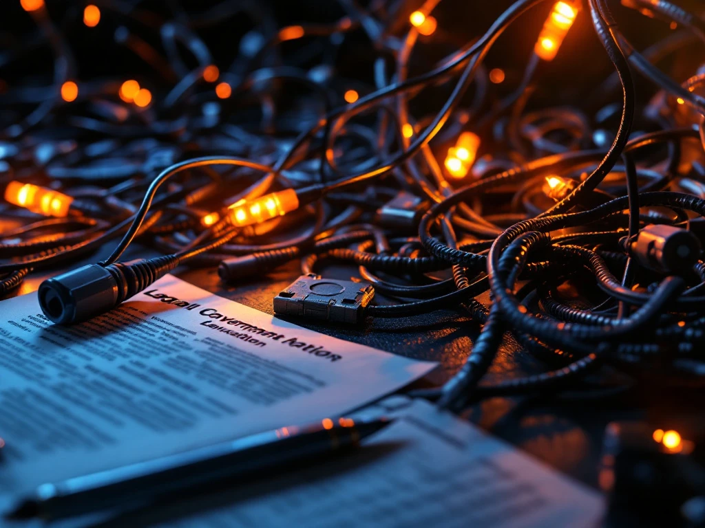 Verwarde elektrische kabels en stroomlijnen met oranje waarschuwingslichten en juridische documenten op de voorgrond