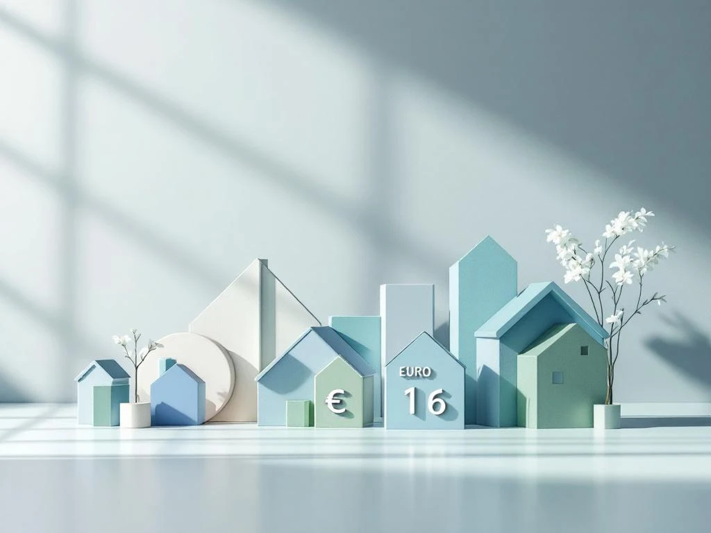 Calculator met eurosymbolen naast geometrische huizen en energiemeter in blauwe en groene tinten op witte achtergrond