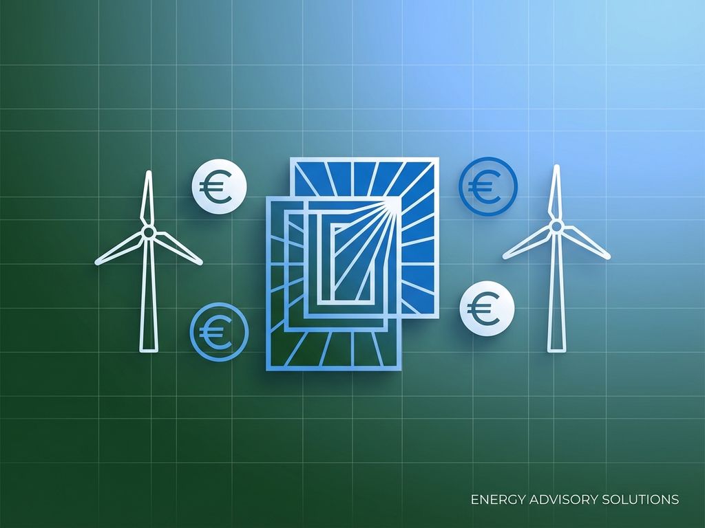 Geometrische duurzame energie symbolen met zonnepanelen, windturbines en euro tekens op groen-blauwe achtergrond