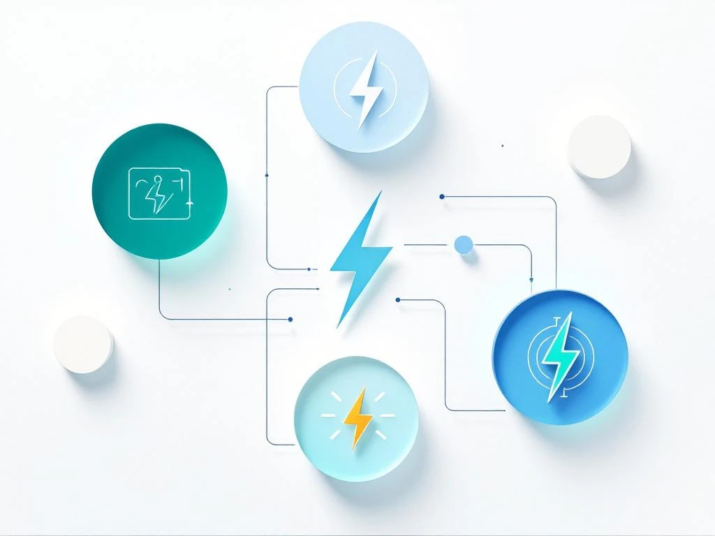 Geometrische energiesymbolen in minimalistisch raster met bliksemschichten en cirkelvormige indicatoren in blauw-groene tinten