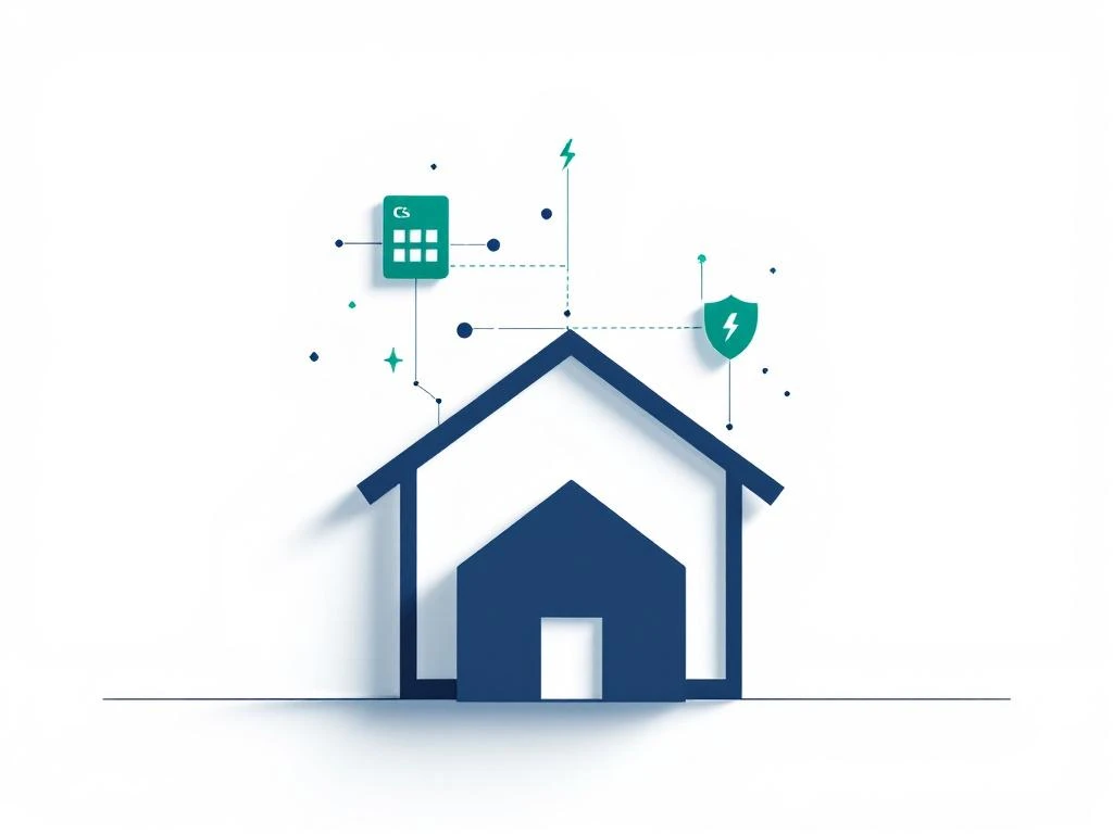 Navy blauw huis icoon met drie teal symbolen erboven: bliksemschicht, rekenmachine en schild voor energieadvies