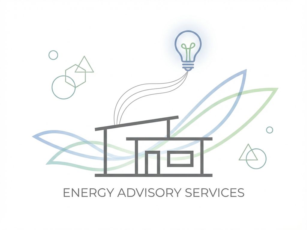 Modern huis silhouet met energiestromen in blauw-groene tinten, gloeilamp icoon en geometrische vormen voor energie advies