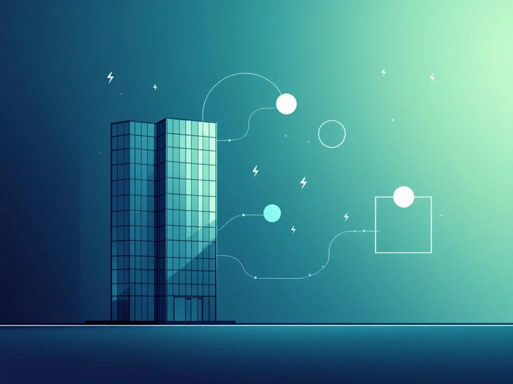 Modern glazen kantoorgebouw met drie geometrische vormen die energiecontracttypes symboliseren, verbonden door bliksempatronen