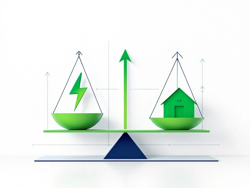 Weegschaal met bliksemschicht en huis iconen, opwaartse pijl toont energieprijzen, navy blauw en groen design
