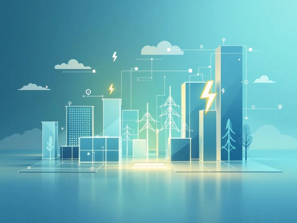 Digitale interface met selectievakjes voor energieadviseur keuze, blauwe en groene kleuren, gebouwsilhouetten op achtergrond