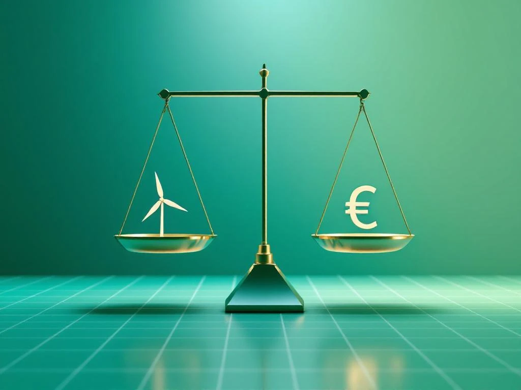 Weegschaal met hernieuwbare energie-iconen en euro symbolen op teal-groene achtergrond, symboliseert financiële balans.