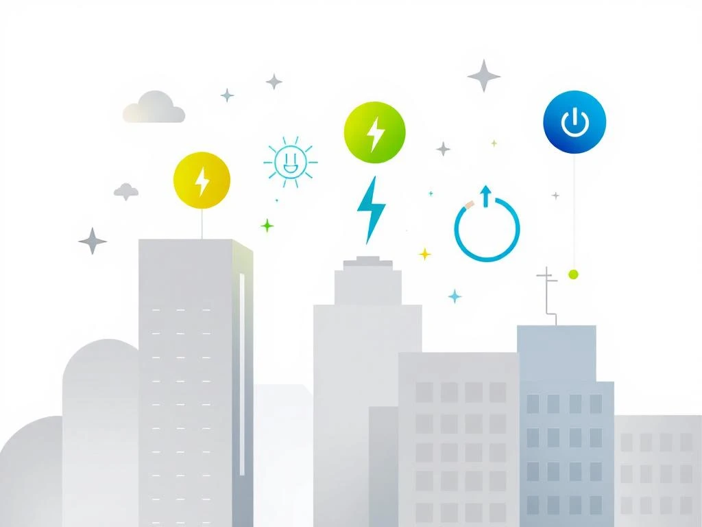 Minimalistische gebouwsilhouetten in grijs met groene en blauwe energie-iconen, zonnepanelen en elektrische verbindingen